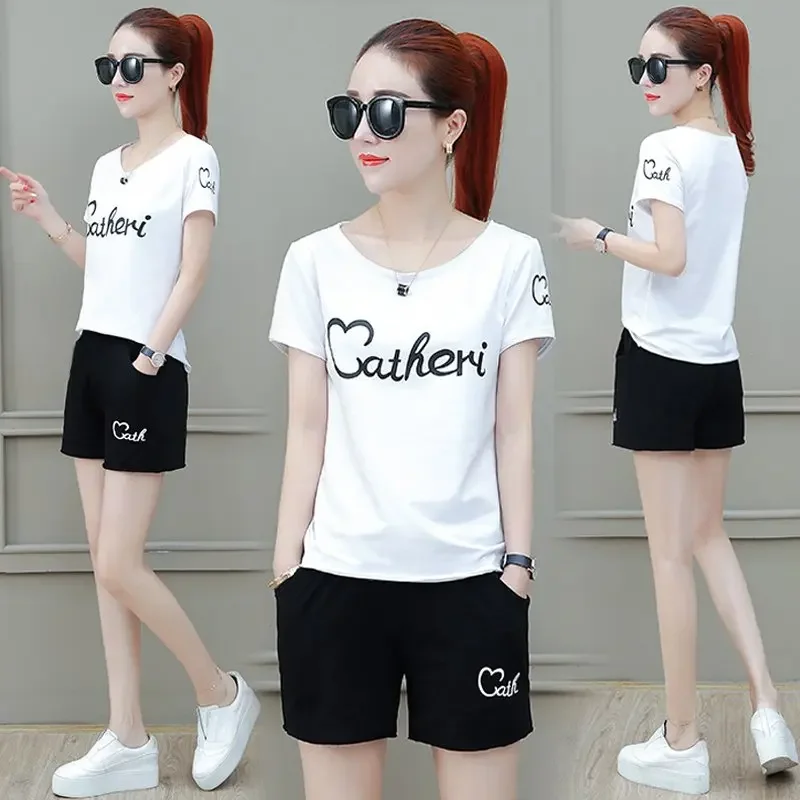 Internet Celebrity Small Sports Suit Fashion Cropped T-shirt Wide Leg Shorts 2021 Summer Women's Two-Piece Suit