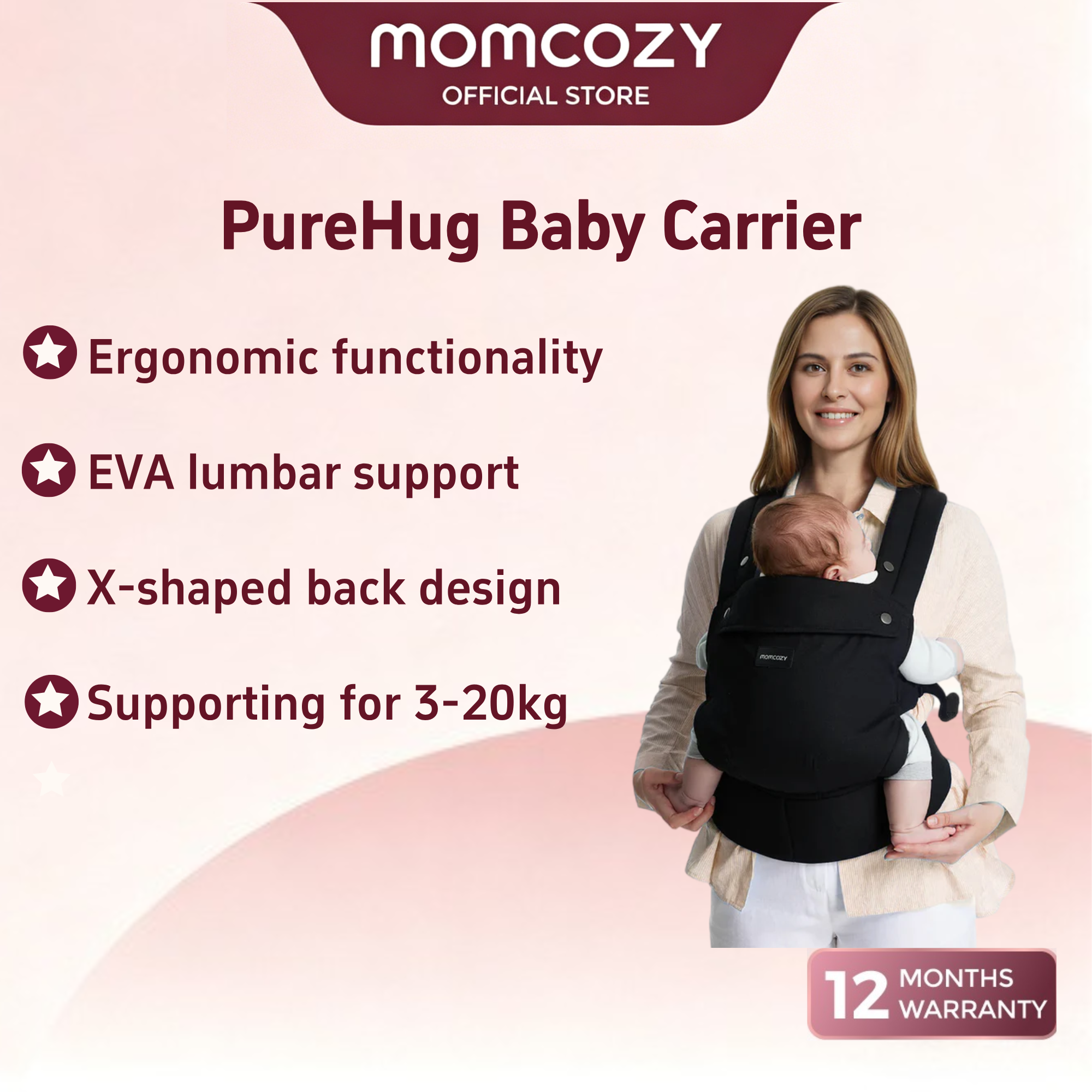 Momcozy Baby Carrier - Ergonomic, Cozy and Lightweight Carrier for 7-44lbs, Effortless to Put On, Ideal for Hands-Free Parenting, Enhanced Lumbar Support, Purehug for Infant to Toddler ราคา 2,099 บาท*ส่งฟรี