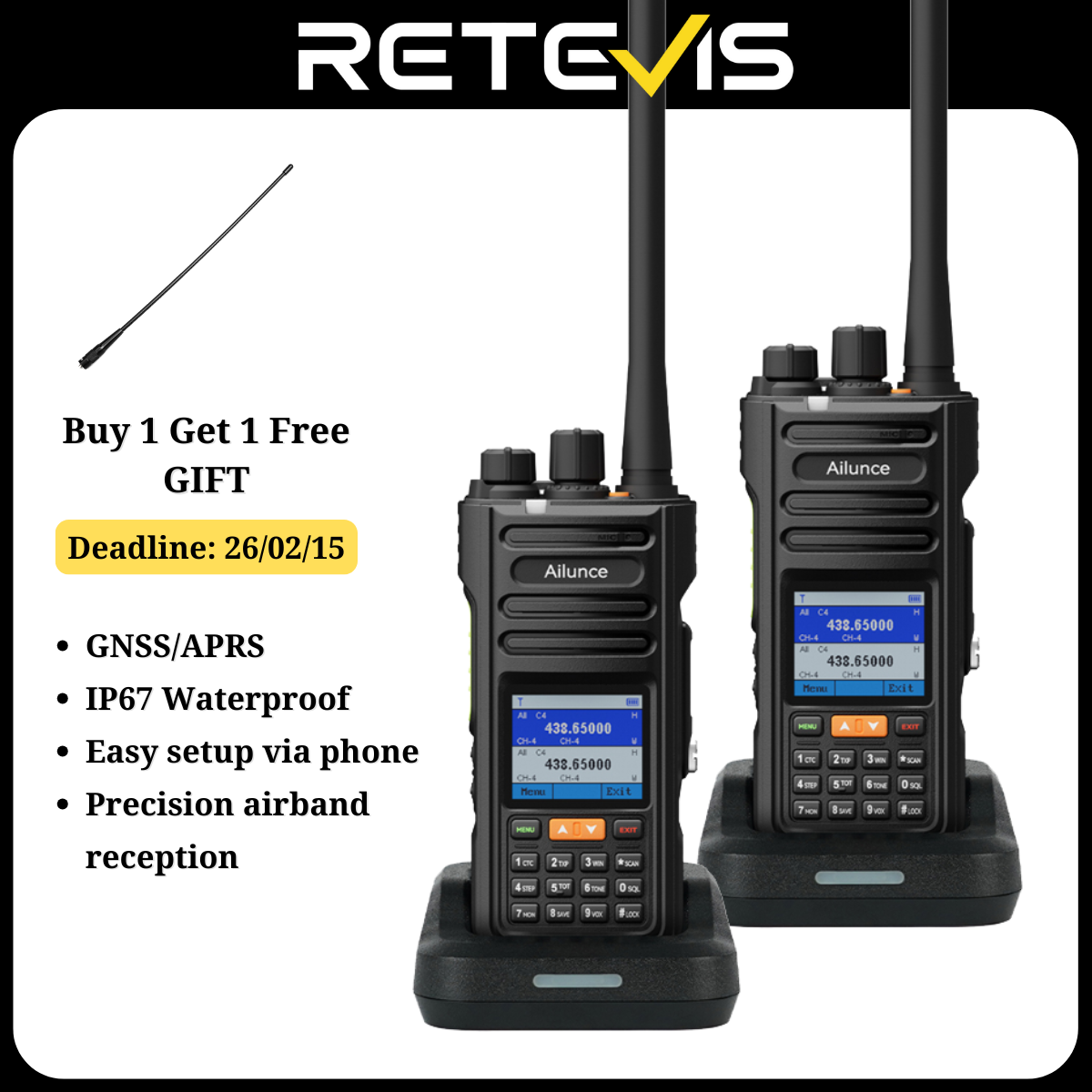 Retevis HA2 UV Dual Band Ham Radio with Bluetooth, APP Control, APRS/GPS, Dual Band Handheld Ham Radio, IP67 Waterproof, Aviation Reception, 2800mAh, NOAA, Emergency alart, 2 Way Radio for Amateur Outdoor ราคา 4,529 บาท*ส่งฟรี