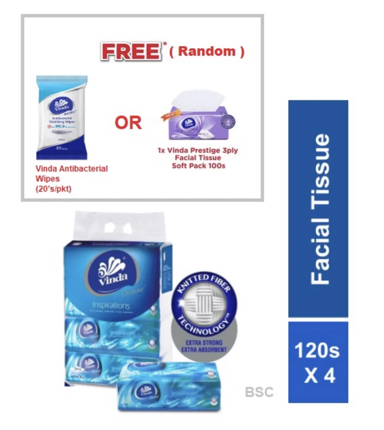Vinda Deluxe Soft Pack Facial Tissue 3ply 120’s (4pack) + Free 1pack (Wipes Or Tissue)