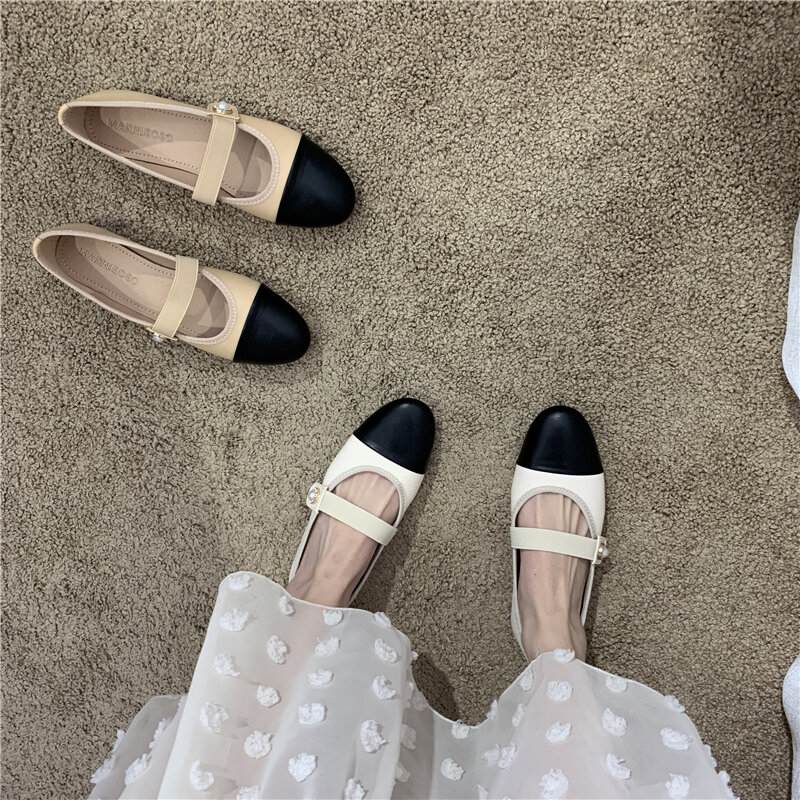 Graceful Flat Mary Jane 2023 Spring and Winter New Versatile Pearl Buckle Shallow Mouth Single