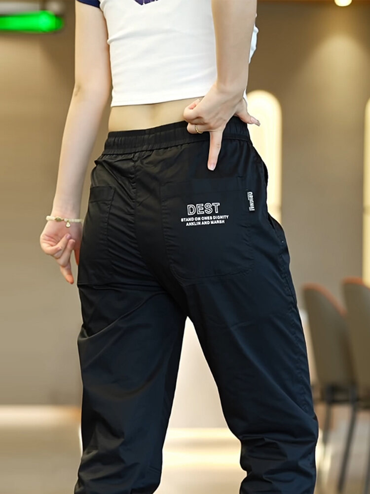 Ice Silk Casual Pants Men's Loose Cuffed Summer Thin Trendy Quick Dry Nine Points Sports Trousers Breathable Cotton Blend. 
