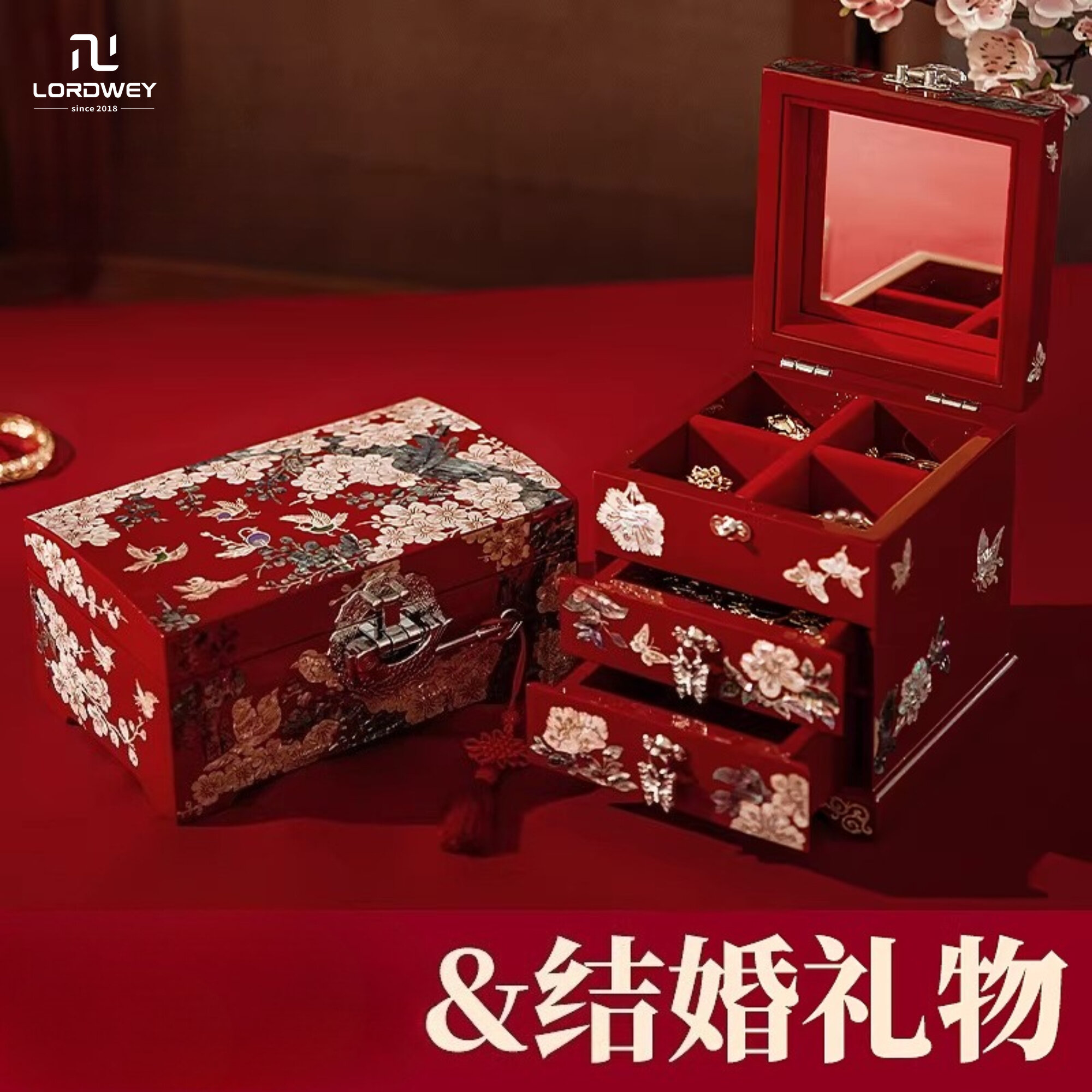 LORDWEY Mother-of-Pearl Box Shell Retro Lacquer Wooden Makeup Dowry Three Gold Box Luxury Dowry Chinese Wedding Gift ราคา 7,957 บาท*ส่งฟรี