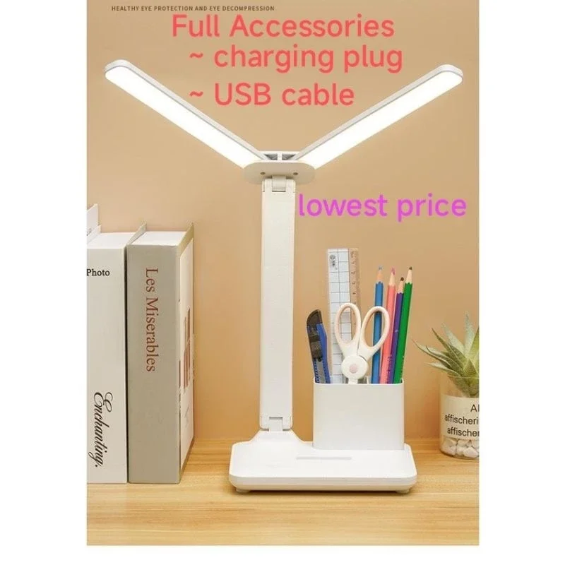 LED Table Lamp For Study 桌灯 台灯 书灯 Lampu Meja Belajar Light LED Table Desk Lamp Rechargeable Double Head Touch Dimming Room