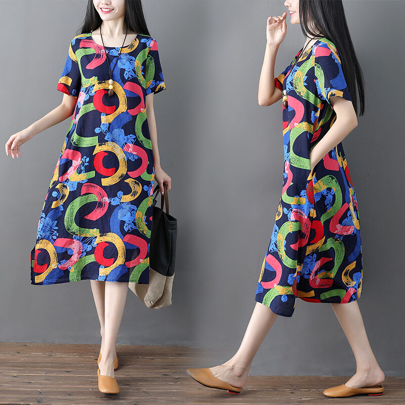 2019 New Style Summer Artistic Slimming Flax Medium-length Dress Large Size Loose Floral Cotton Linen Short-sleeve Dress Female