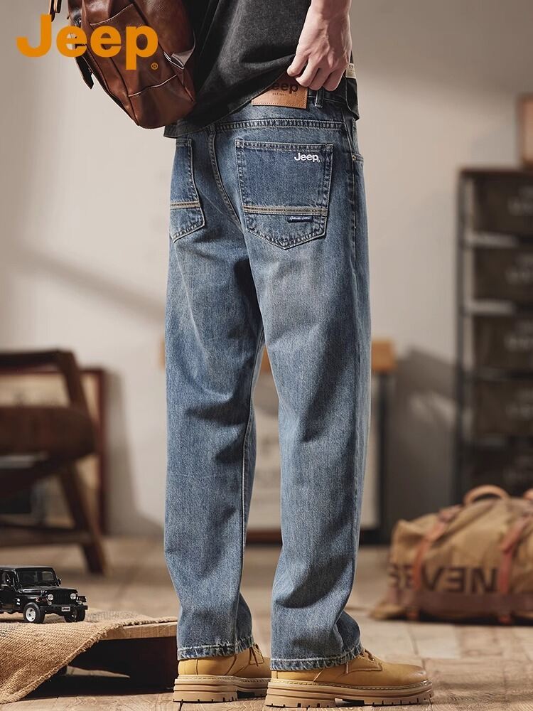 Jeep American High Street Men's Jeans Spring Fashion Brand Vintage Washed Loose Straight Leg Long Trousers Casual Cotton Harga  265 Ringgit*Penghantaran Percuma
