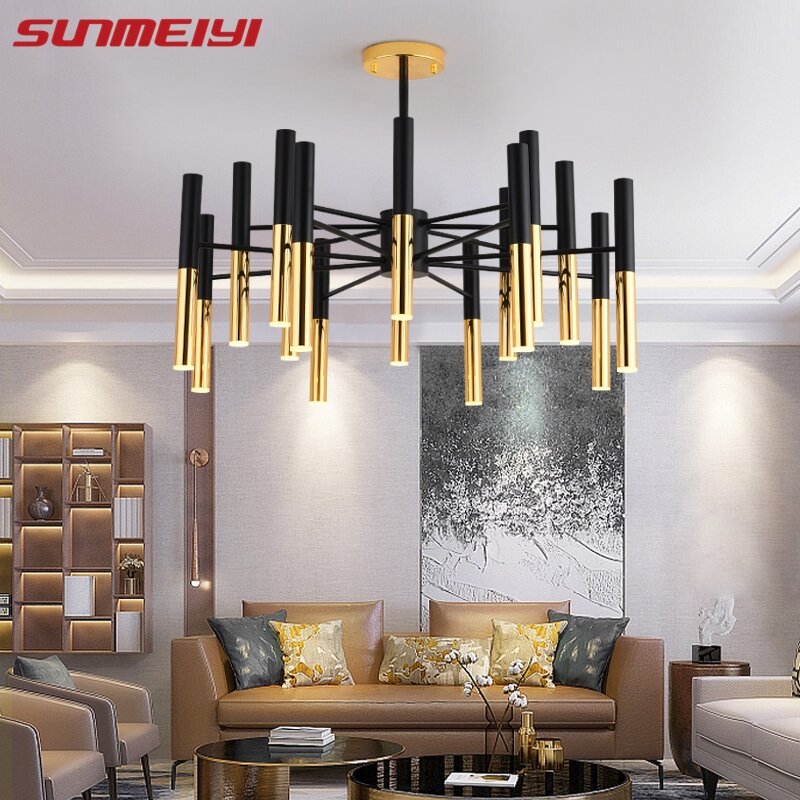 Postmodern Art Chandelier Adjustable Rod Pendant Light Industrial Home Deco Lighting Gold & Black Design for Living Room Bedroom ราคา 10,467 บาท*ส่งฟรี