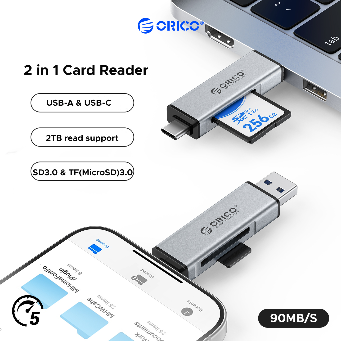 ORICO USB 3.0 Type C to SD MicroSD TF Card Reader Single/Dual Read 5Gbps for PC Laptop, Phone (C35D)