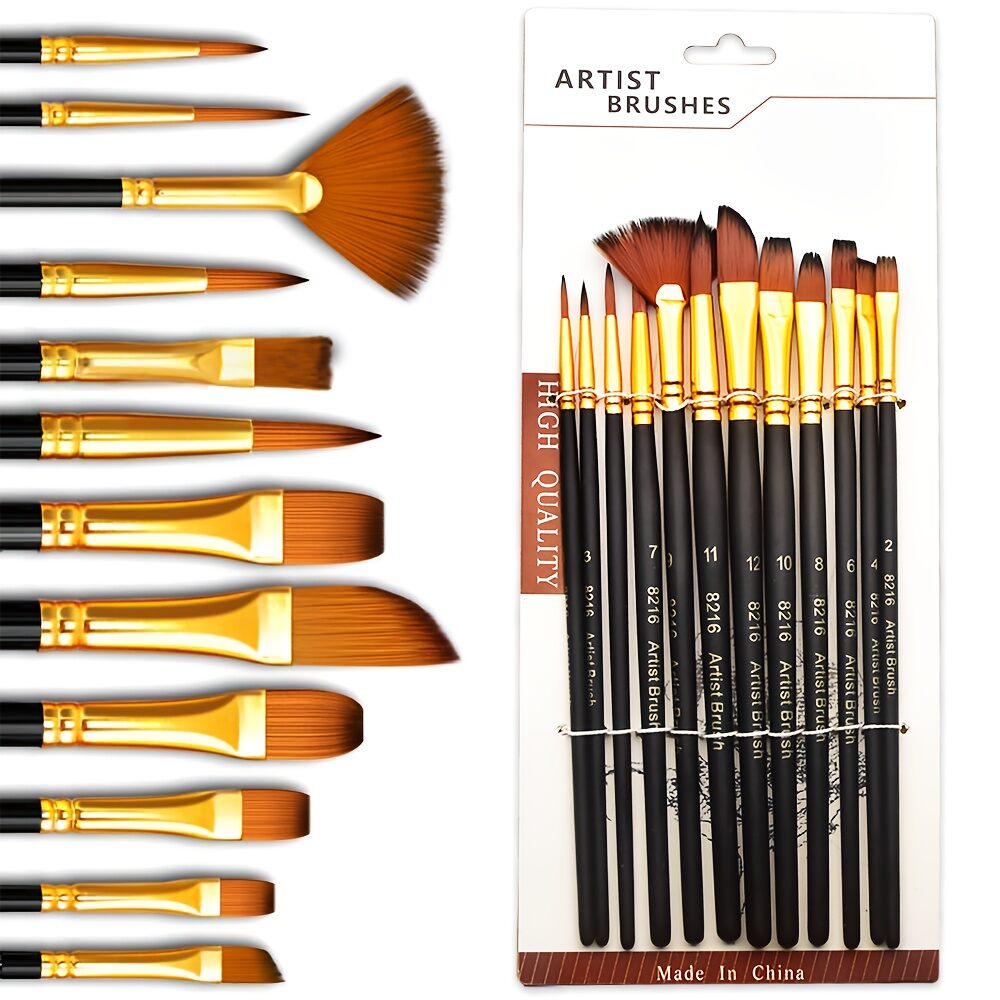 12pcs Professional Artist Painting Brush Set - Premium Nylon Bristles for Oil Acrylic Watercolor Canvas And Gouache Painting