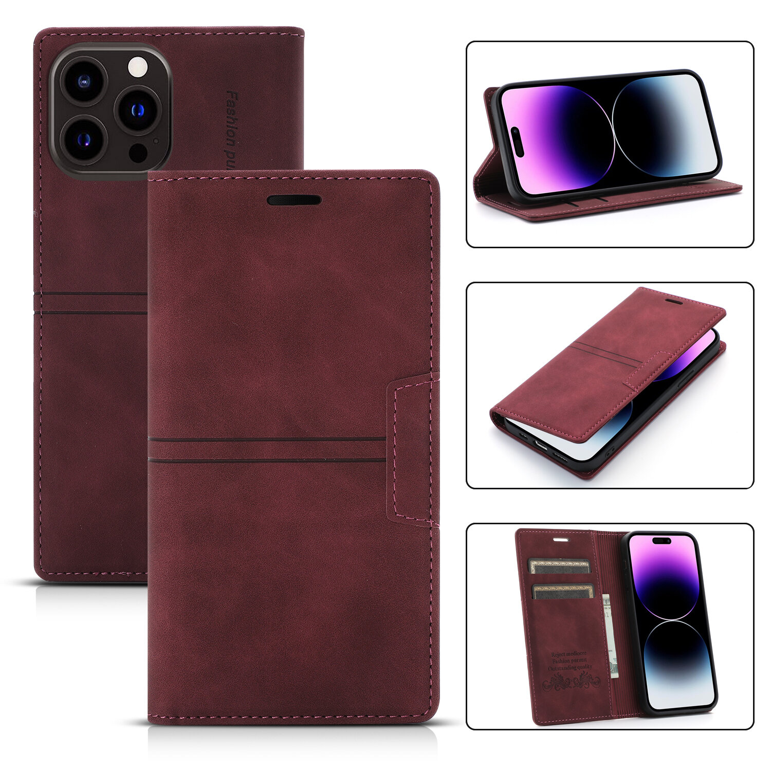 Leather Wallet Phone Case With Magnetic Card Holder For Iphone_voghion.com