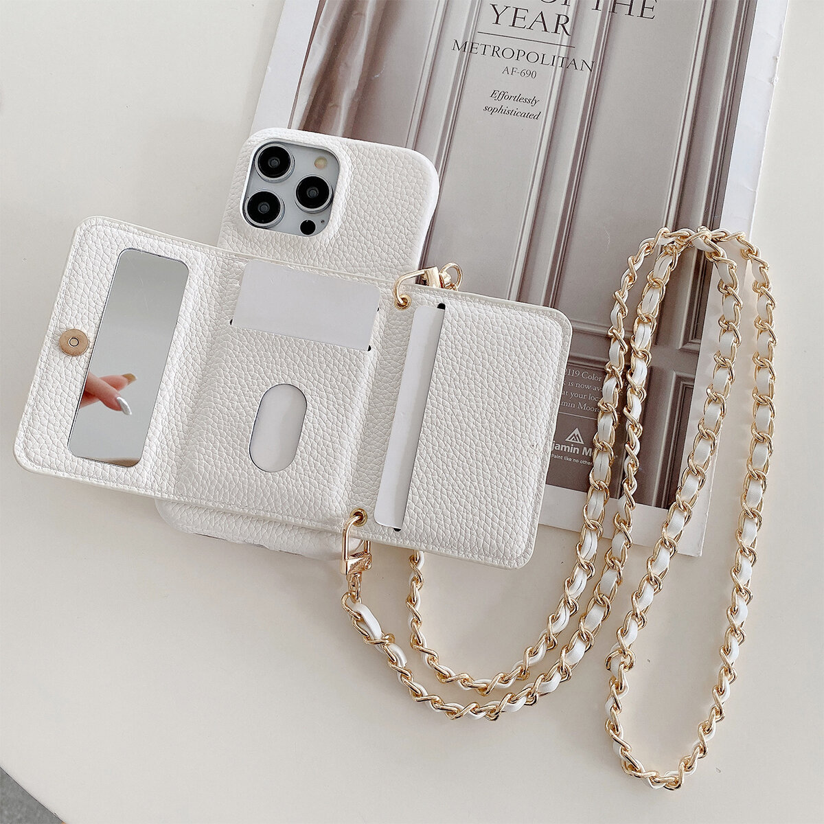 Luxury Wallet Phone Case With Metal Chain And Mirror For Iphone_voghion.com