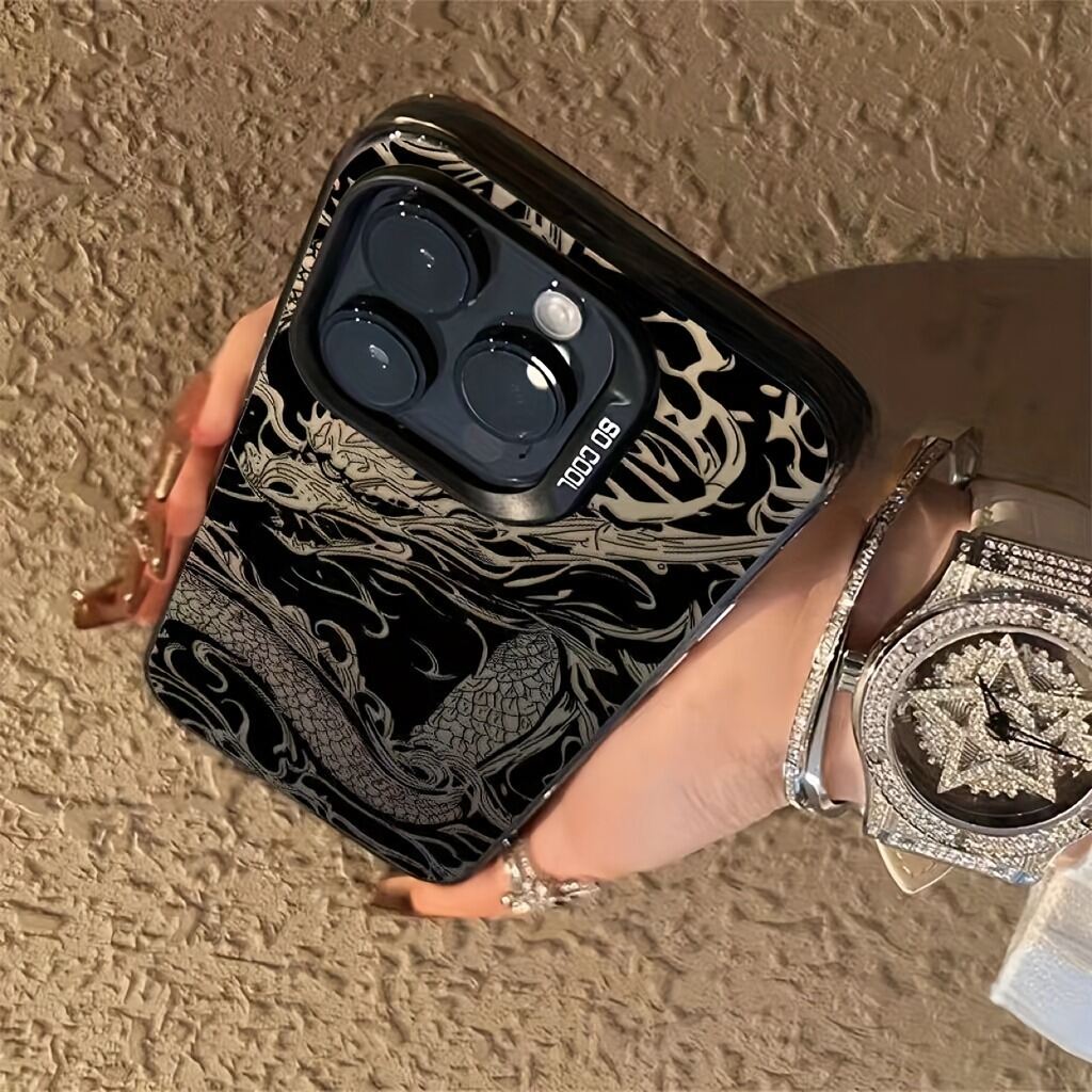 Black Dragon Pattern Electroplated Phone Case For Iphone Models_voghion.com