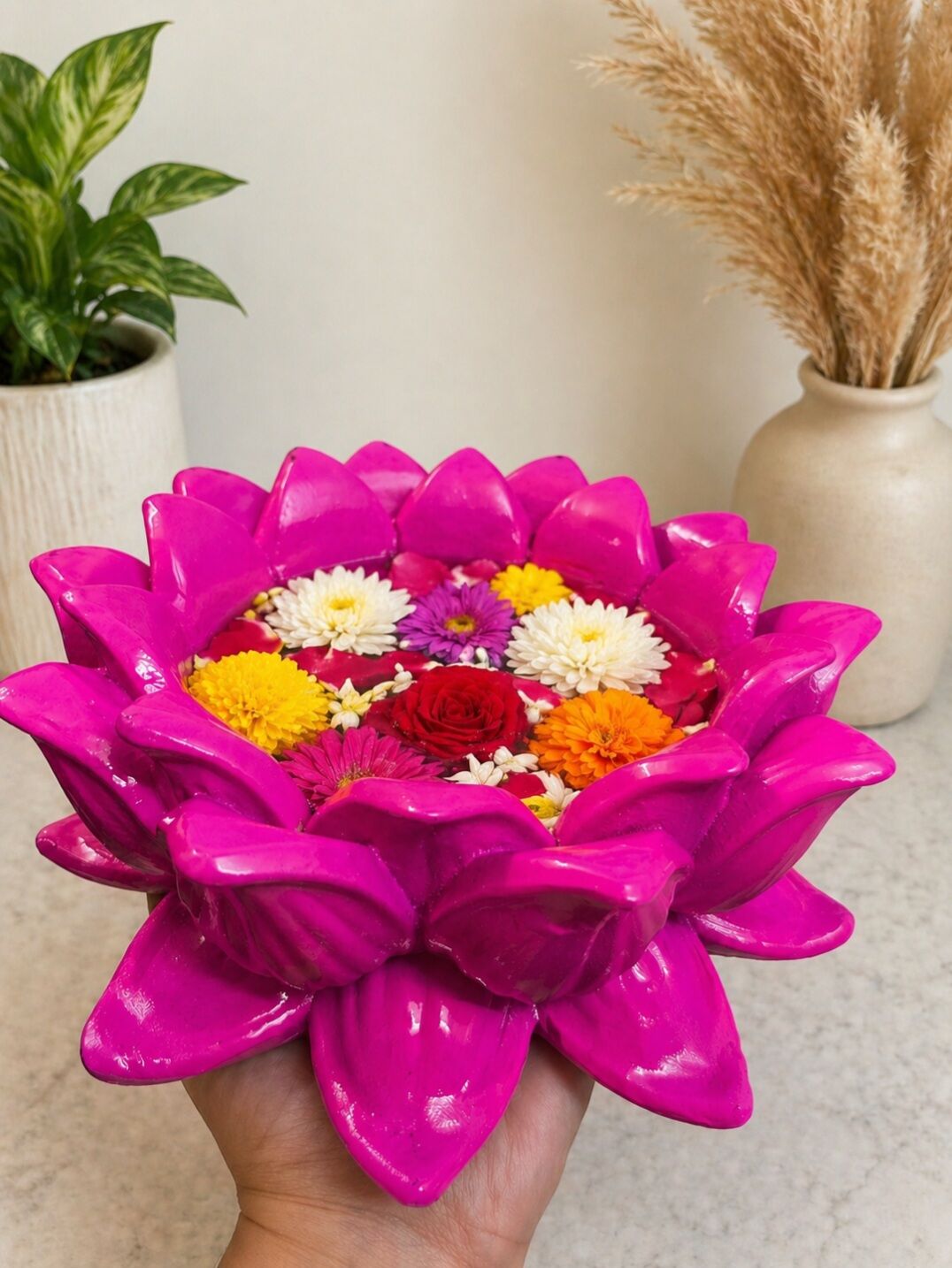 Pink Resin Lotus Stand for Idols 20 cm Marble Lotus Urli Fibre Uruli - Floral Display Holder