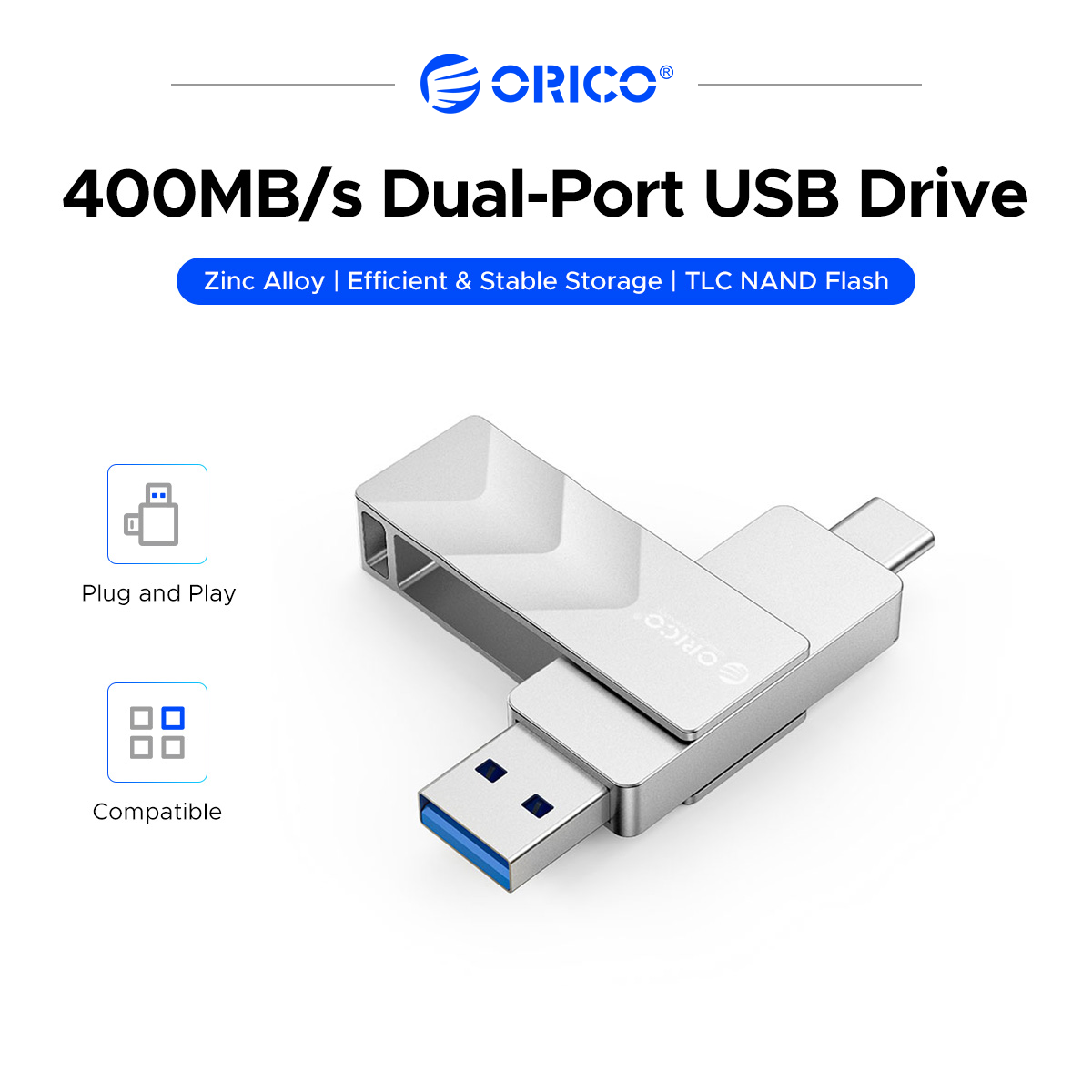 ORICO 2 trong 1 USB-A Type-C ổ đĩa flash 256GB 128GB 64GB Pendrive 400 MB/giây cho điện thoại thông minh máy tính xách tay (G102)