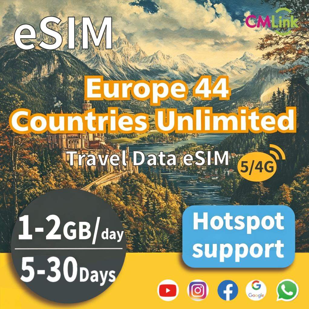 Europe 44 Countries Unlimited Data eSIM 5-30 Days 0.5/1/2GB eSIM Card for travel Prepaid sim card Unlimited 4G/5G LTE (High speed Data+ Hotspot + Top-Up, QR Code Sent to Your Email) ราคา 722 บาท*ส่งฟรี