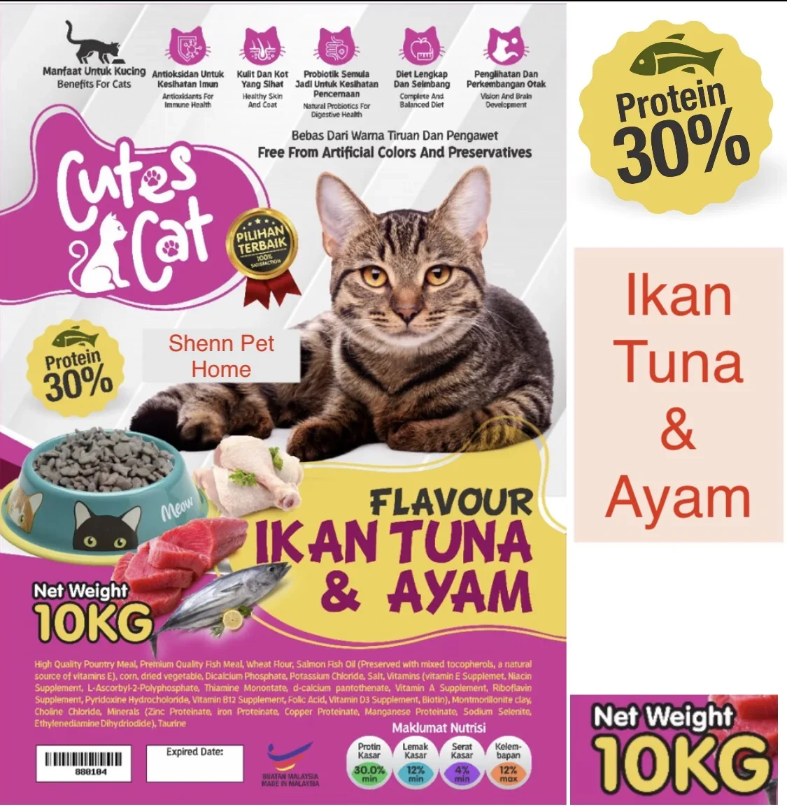 Makanan Kucing 10kg(Cutes Cat)Flavour Chicken & Tuna 30% Protein