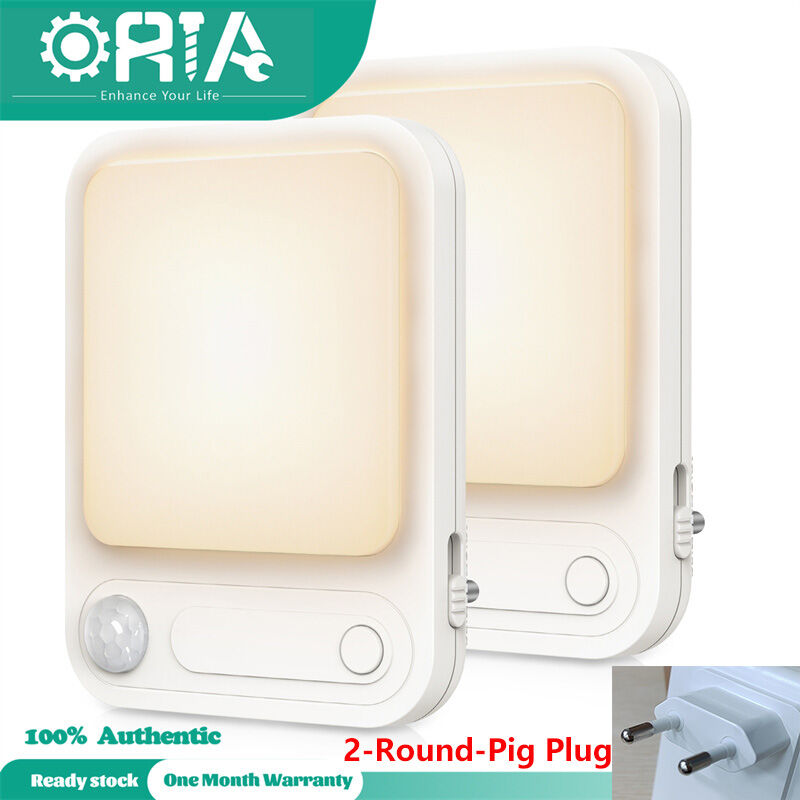 ORIA Nightlight Plug with Twilight Sensor LED Motion Sensor Lamp 2PCS Childrens Protective Socket with Brightness Sensor Auto/Off/On with Light Sensor 5 Brightness Adjustable 2700 K for Hallway Stairs Bedroom (EU Plug)