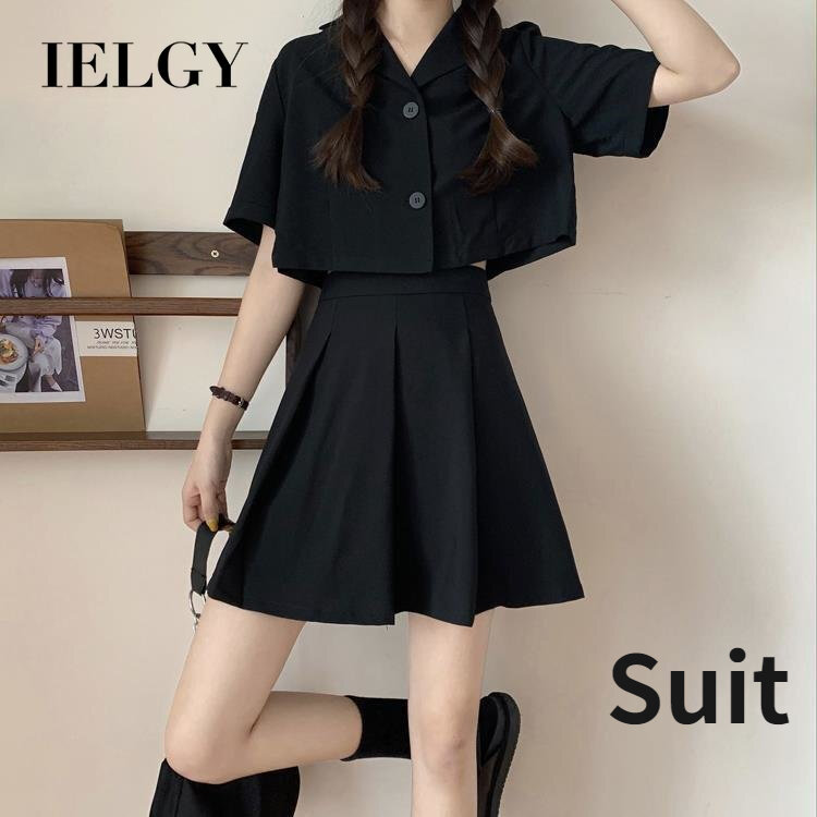 IELGY Korean style suit short top loose small suit high waist pleated skirt  two-piece female | Lazada