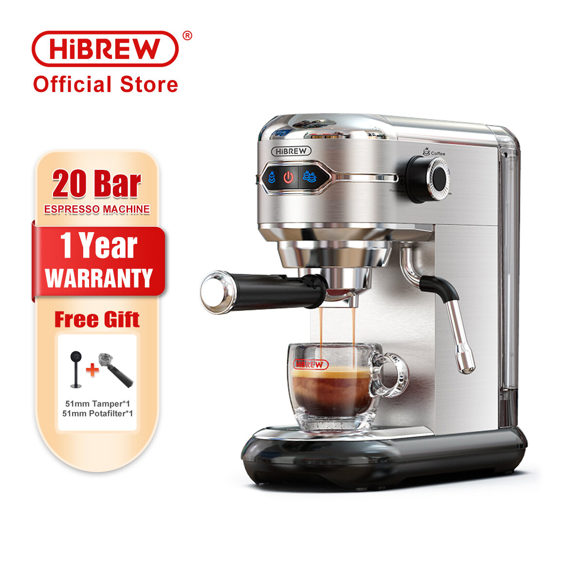 HiBREW Coffee Maker Cafetera 20 Bar Inox Semi Automatic Super Slim ESE POD& Powder Espresso Machine Hot Water H11 ราคา 5,799 บาท*ส่งฟรี