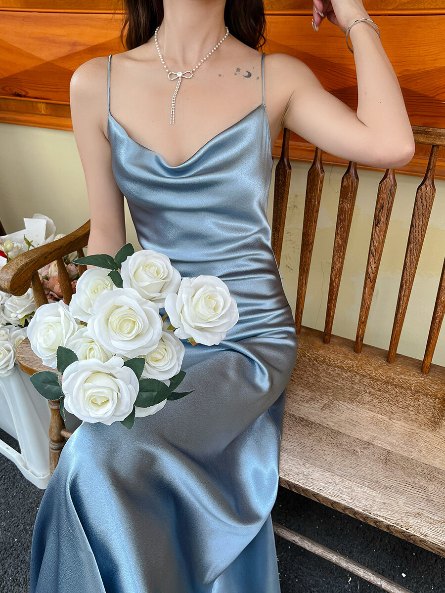 Elegant Silk Dopaamine Strap Dress Women Summer Inner Wear Mid-Length Satin Acetate Design Slim Fit Long Dress