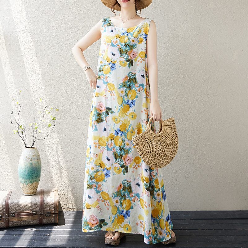 Casual round Neck Sleeveless Vest Dress Women's Spring New Style Floral Print Long Skirt Slimming Strap Dresses Commute