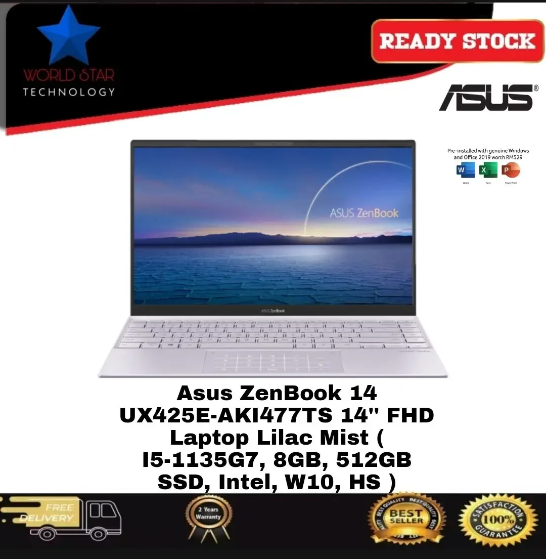 Asus ZenBook 14 UX425E-AKI477TS 14'' FHD Laptop Lilac Mist ( I5-1135G7, 8GB, 512GB SSD, Intel, W10, HS )