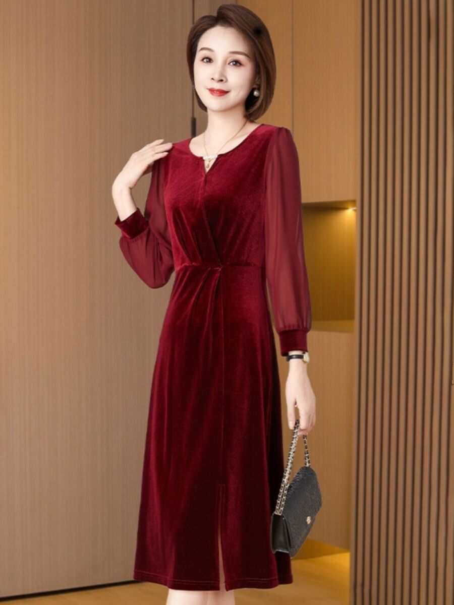 Gold Velvet Cheongsam Dress Women's Autumn Wedding Guest Outfit Mommy Maternity Ceremony V-Neck Long Sleeve Standard Fit Dress