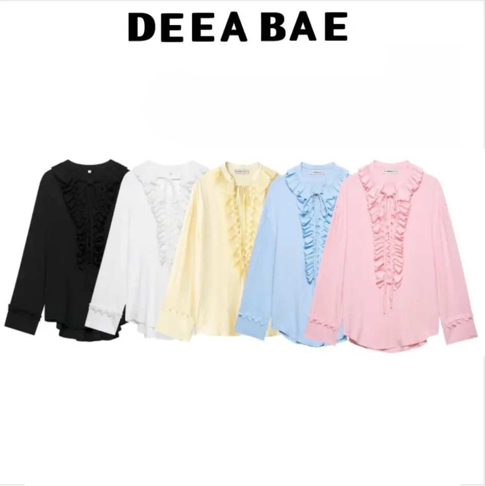 Deeabae Summer New Loose V-neck Women's Shirt Ruffles Cotton Full Sleeve Fashionable French Style Gown 1284891