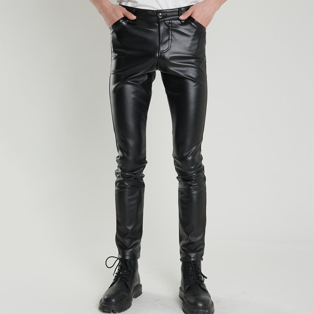 Men's Casual Party Nightclub Style Zip Leather Pants, Solid Color Slim Fit  Pu Material Leggings For Singers Dancers