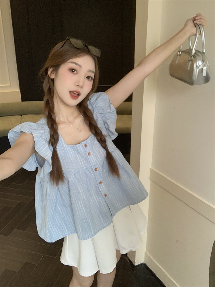 Blue Striped Loose Fit Shirt with Small Puff Sleeves And Square Collar for Women Summer Sweet Style Dollish Top