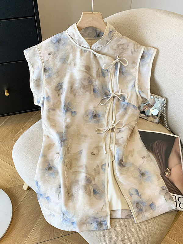 New Chinese Style Floral Print Cheongsam Shirt Women's Summer 2025 Retro Elegant Cool Zen Style Button T-Shirt Straight Cut