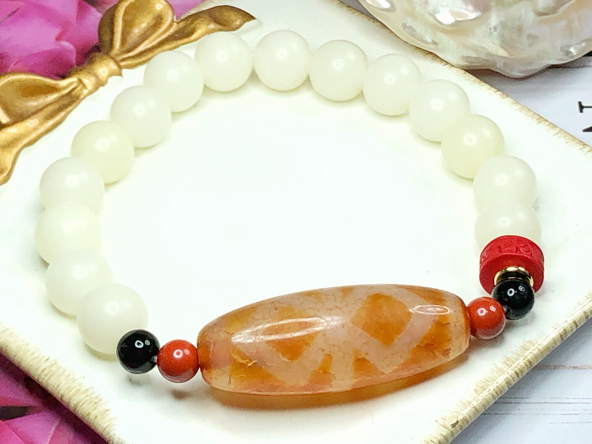 Tibetan Dzi Beads Carnelian King Kong Pestle Dzi Bead Bracelet 红