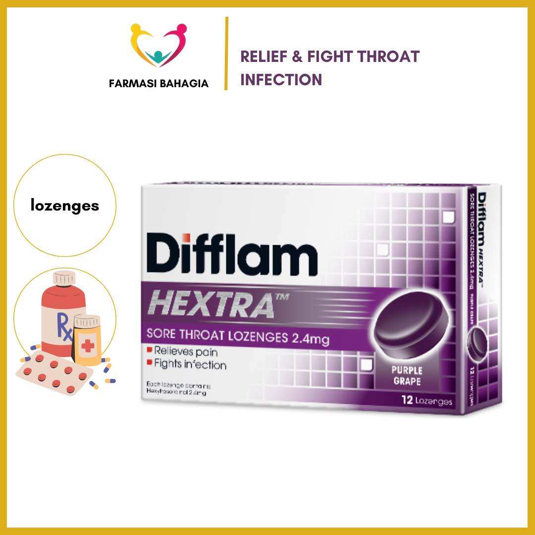 Difflam Box Difflam Hextra Sore Throat Lozenges 2.4mg Purple Grape Flavour 12’s ...