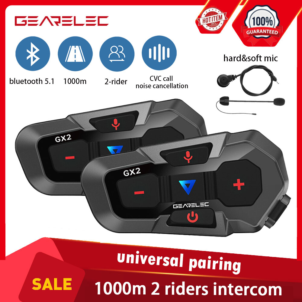 GEARELEC GX2 Motorcycle Helmet Bluetooth 5.1 Intercom System 2 Riders 1000m Wireless Interphone Headset with Voice Control
