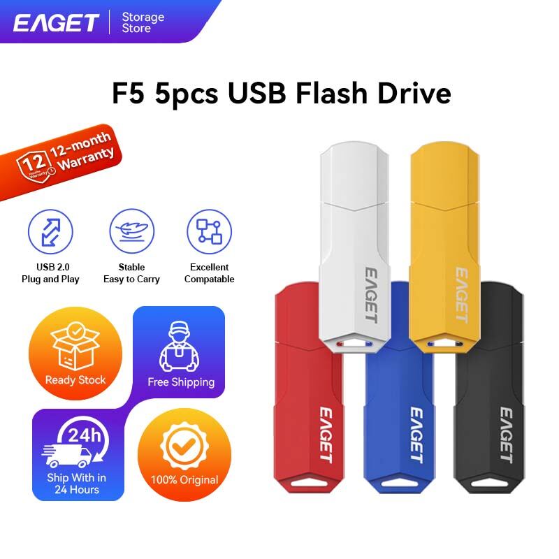 EAGET F5 5 Pack USB 2.0 Flash Drive Colorful Plastic Pendrive Bulk Mini Portable U Disk With Keyhole Plug And Play For Office Gift Car Audio Laptop PC 8GB 16GB 32GB 64GB 5 Mixed Colors White Black Yellow Blue Red ราคา 431 บาท*ส่งฟรี