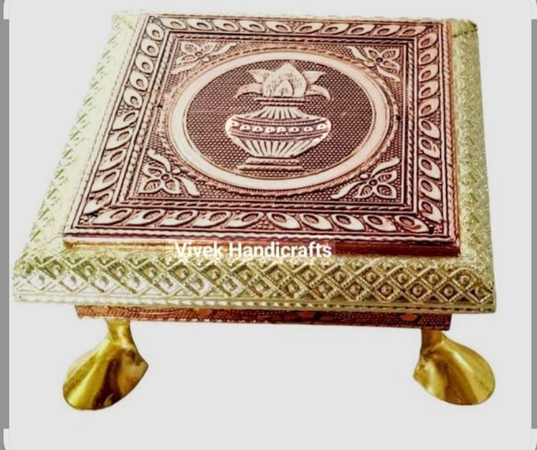 Wooden Meenakari Puja Pooja Bajot/Table Indian Traditional Cultural Religious Gold Design Copper Samy medai Temple Decoration
