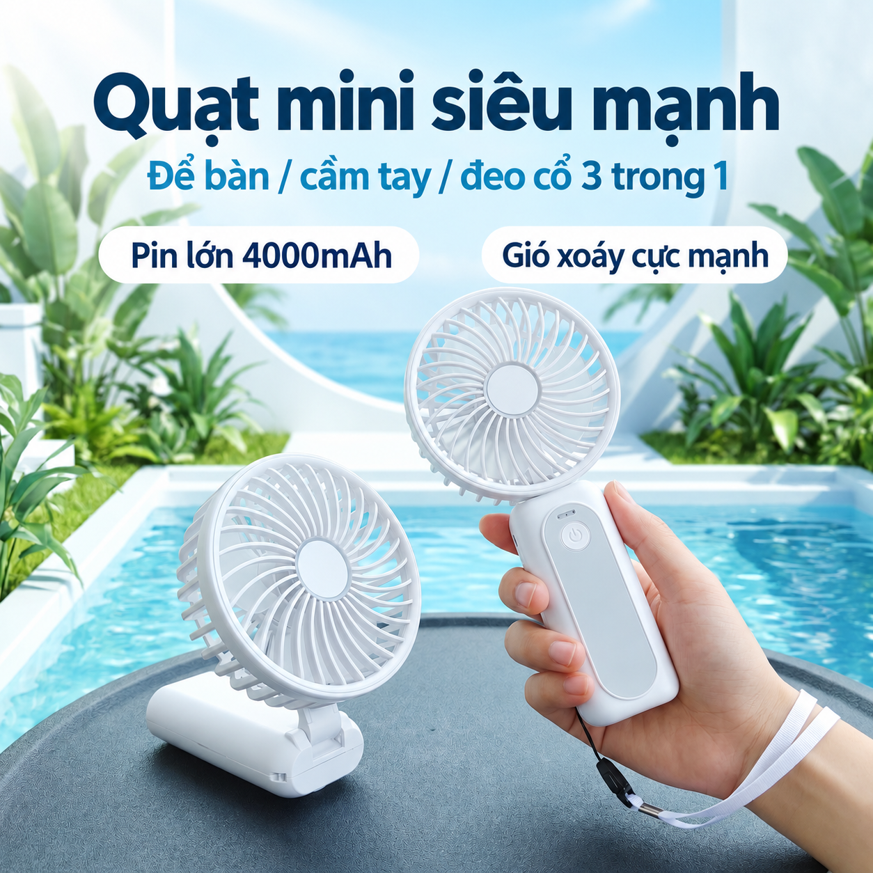 ROOFpower |M2/便携式迷你风扇：涡轮无刷电机，7 档风速，4000mAh 可充电电池，可折叠收纳