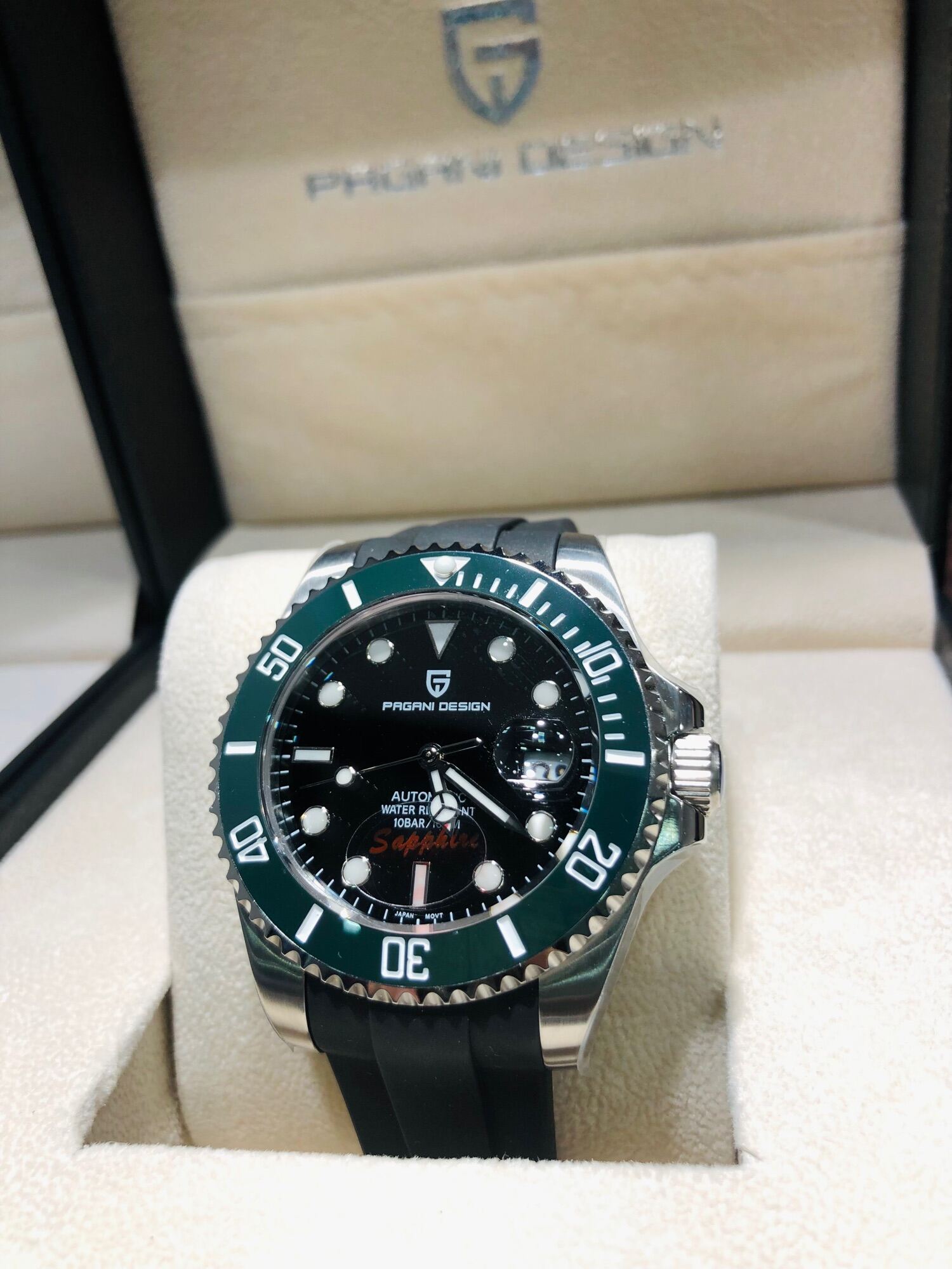 Pagani Design PD-1639 Black Dial Dark Green Bezel Rubber Band