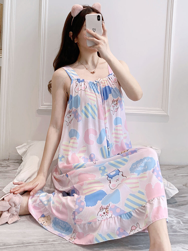 Korean Style Women's Sleepwear Strapless Cartoon Pure Cotton Sexy Summer Home Clothes Silk Student Sleeveless Nightgown Artificial Cotton plus Size. 
