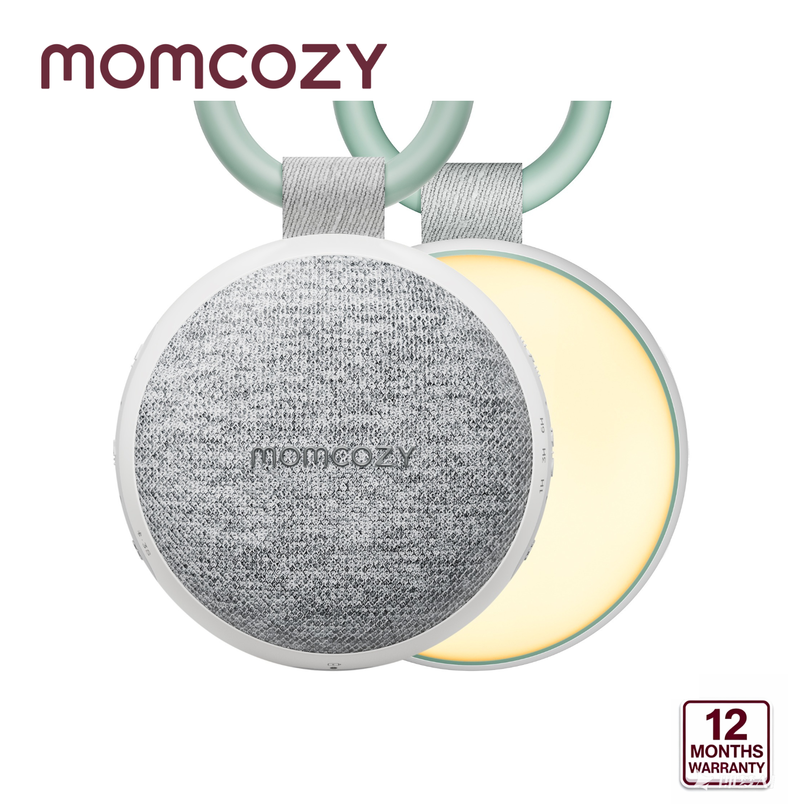 เครื่องเล่นแผ่นเสียงแบบพกพา Momcozy พร้อมไฟกลางคืนเครื่องเล่นแผ่นเสียงเสียงสีขาวสำหรับทารกมีเสียงผ่อนคลาย20เสียงบำบัดพลังยาวนานเครื่องจับเวลาคลิปบนรถเข็นเด็กของขวัญสำหรับเด็กที่กำลังจะคลอก