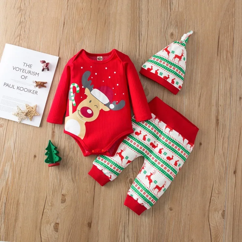 EASY WEARHOUSE Baby Toddler Merry Christmas Costume 3pcs Cotton Romper Pants & Hat XMAS Clothing Set