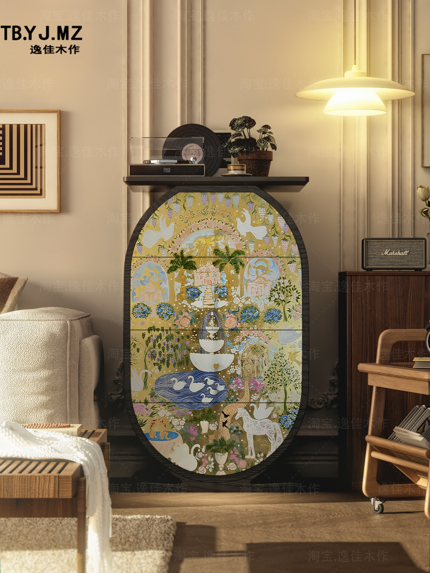 French Luxury Cream Entrance Cabinet Four Drawer Chest Artistic Painting Sideboard Living Room Storage Cabinet Retro Style Furniture Harga  2,473 Ringgit*Penghantaran Percuma