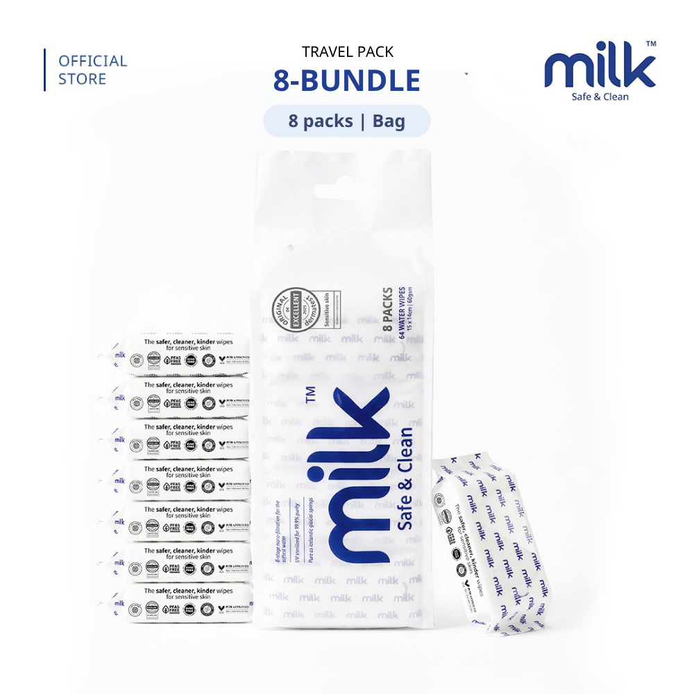 MILK Baby Water Wipes Travel Pack 8s | 99.9% Pure Water | Safe for Face & Mouth [8 Packs]