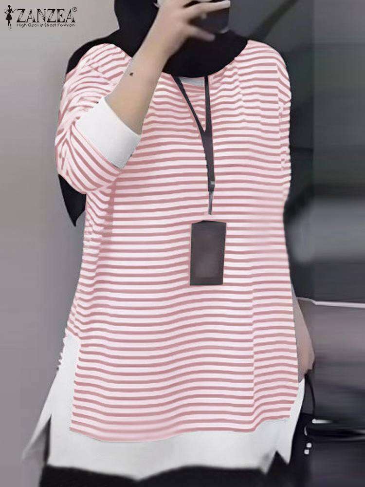 2024 ZANZEA Elegant Women Autumn Long Sleeve Muslim Tops Striped Patchwork Blouse Fashion Work Shirt Casual O Neck Baggy Blusas