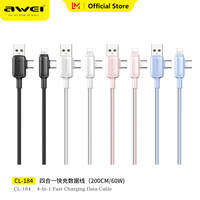 Awei CL-184 4-In-1 60W PD Fast charging cable USB A Type-C to type-c lighting Multicolor pink blue 2M cable for Huawei 35w iphone 15 pro Xiaomi