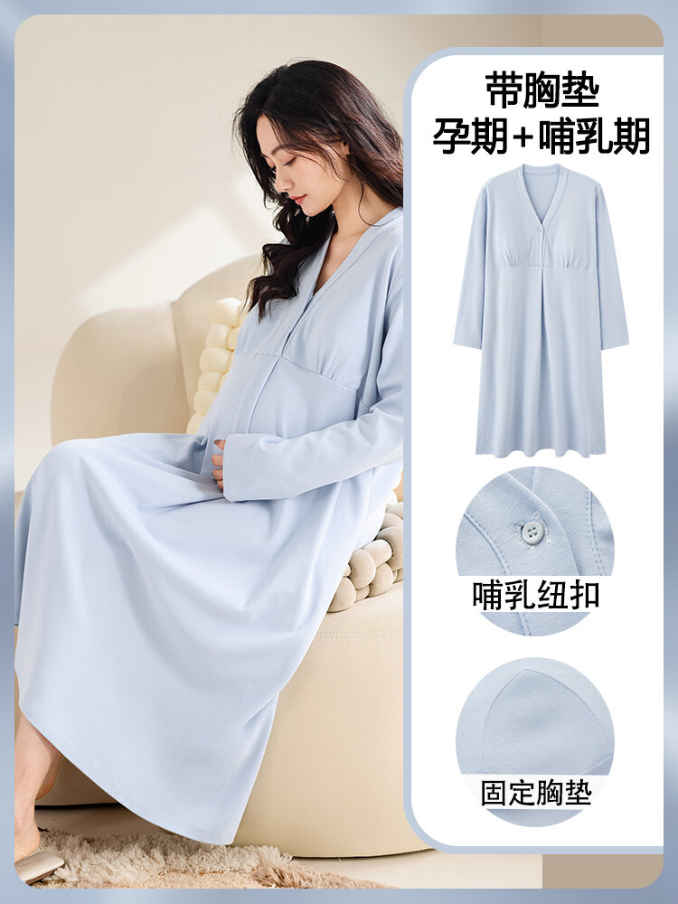 With Chest Pad Pregnant Women's Nightdress Pure Cotton Spring, Autumn and Winter Nursing Pajamas Postpartum Confinement Clothing Maternity Maternity Room Maternity Home Clothes