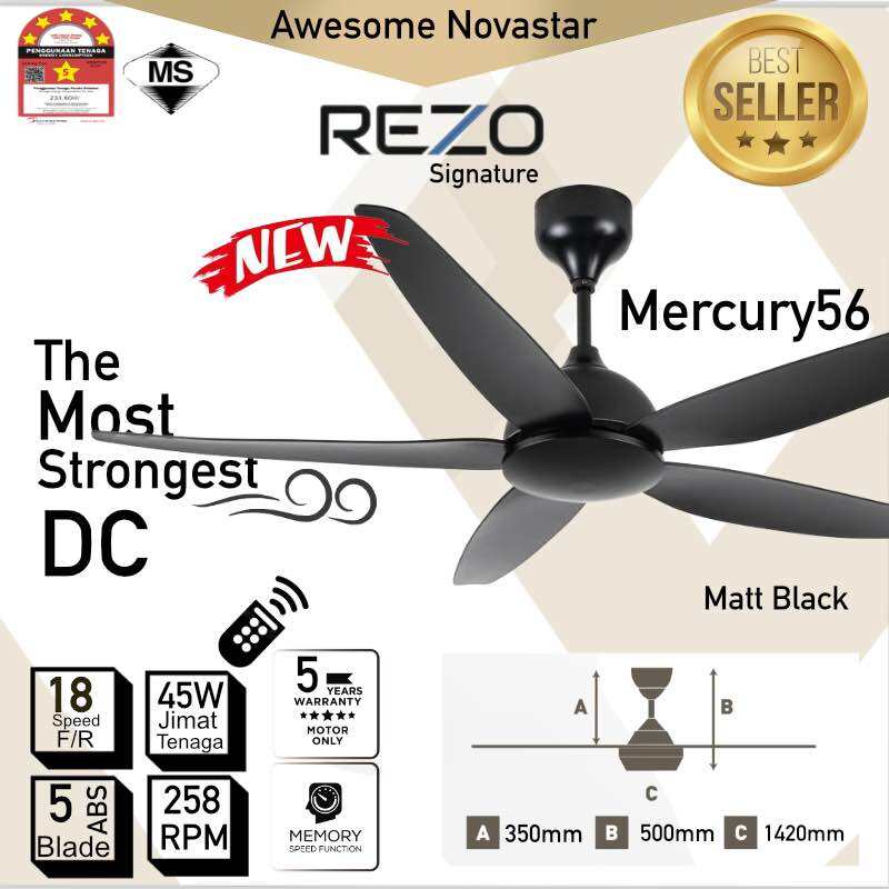 REZO Mercury 32"/ 42"/56" with LED DC Motor Remote Control Ceiling Fan Premium. 