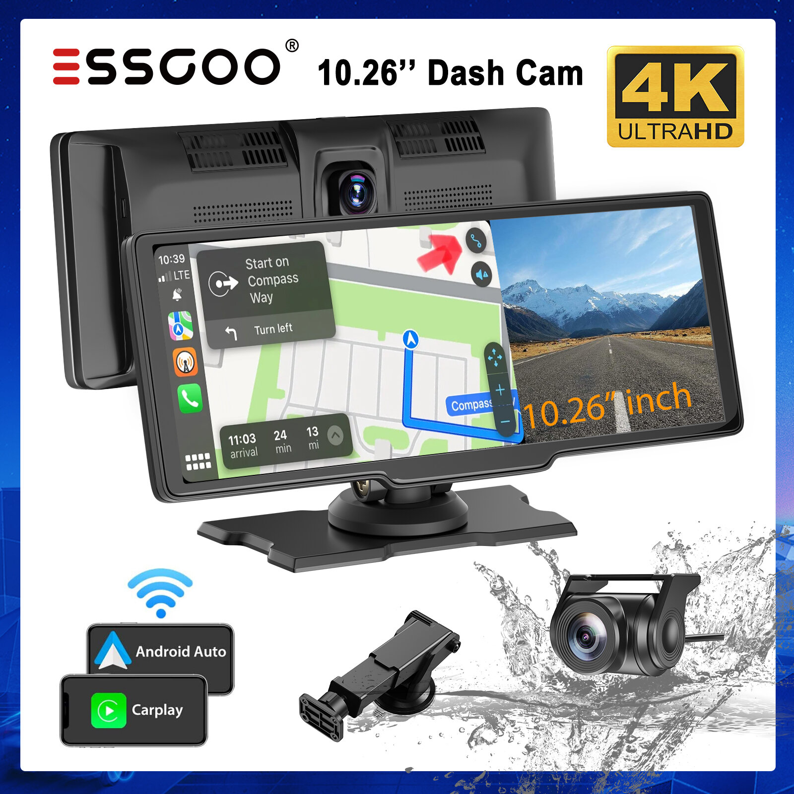 ESSGOO 4K + 1080P 10.26-inch Touch Screen Dual Lens Car DVR Dash Cam WIFI Bluetooth Voice Control Carplay Function Car Camera Drive Recording Wide Angle Parking Monitor ราคา 2,488 บาท*ส่งฟรี