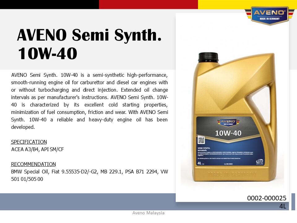 AVENO Semi Synth. 10W-40, 100% Made in Germany, Semi Synthetic Engine Oil