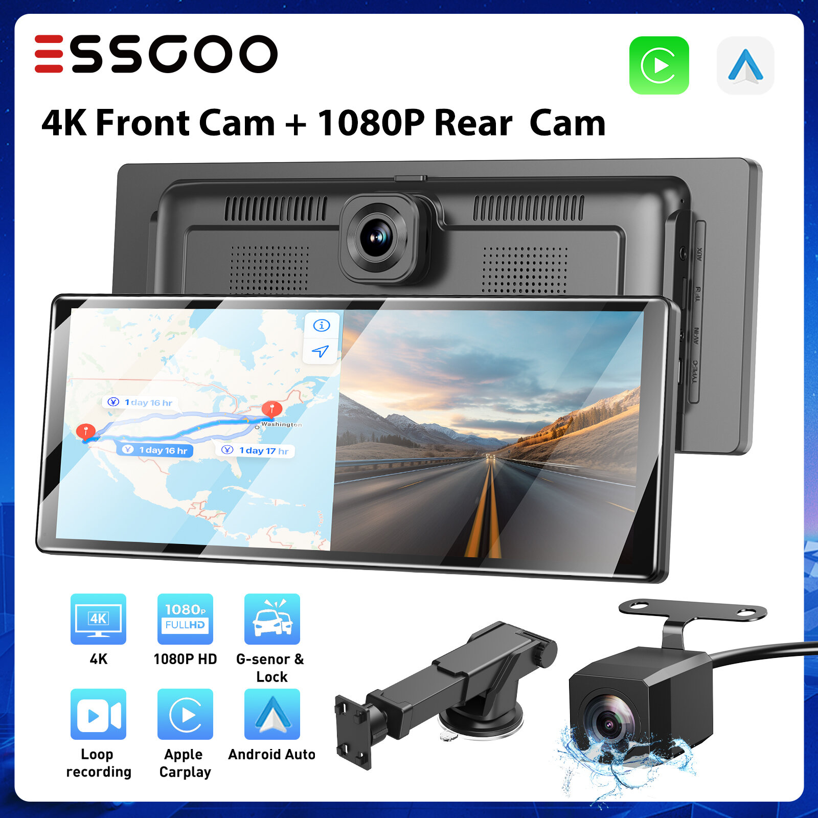 ESSGOO 11.3 Inch 4K Car Dashboard Dash Cam Carplay & Android Auto Wireless Dual Camera Video Recorder WiFi Connect Navigation Audio Player ราคา 2,799 บาท*ส่งฟรี